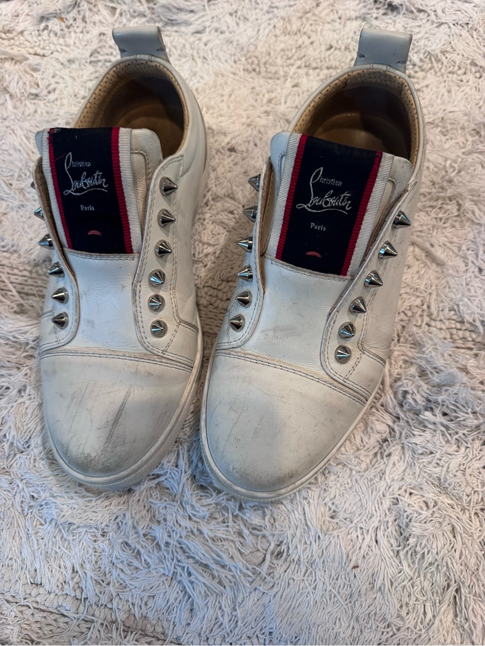 Christian Louboutin White Leather Slip-On Spike Sneakers with Navy & Red Tongue